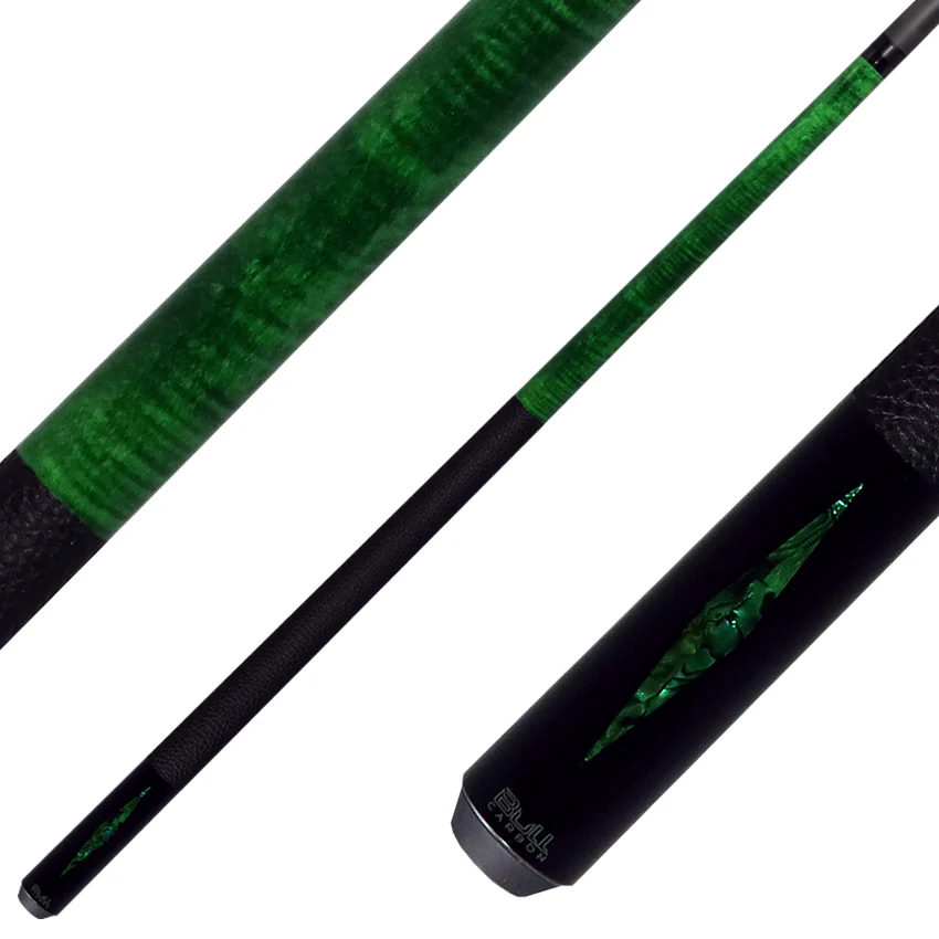 Bull Carbon Green Stained Maple with Green Genuine Shell Inlays Play Cue with Textured Leather Wrap