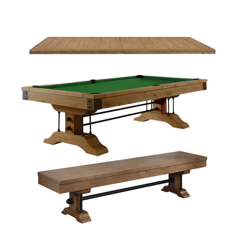 Atlanta 8 Foot Pine Weathered Brown Pool Table with FREE Dining Table Top and Bench